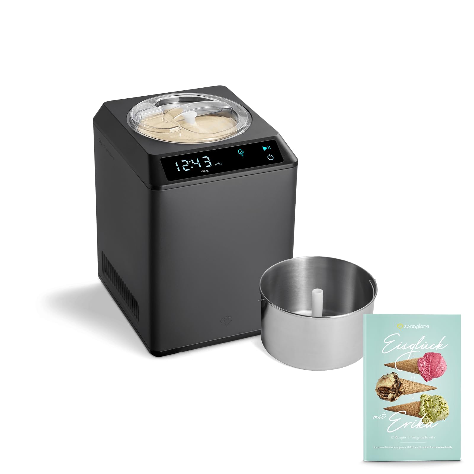 SPRINGLANE Macchina per gelato e yogurtiera Erika con compressore autoraffreddante 250 W (Erika/Contenitore in acciaio inossidabile, 2,5 L)