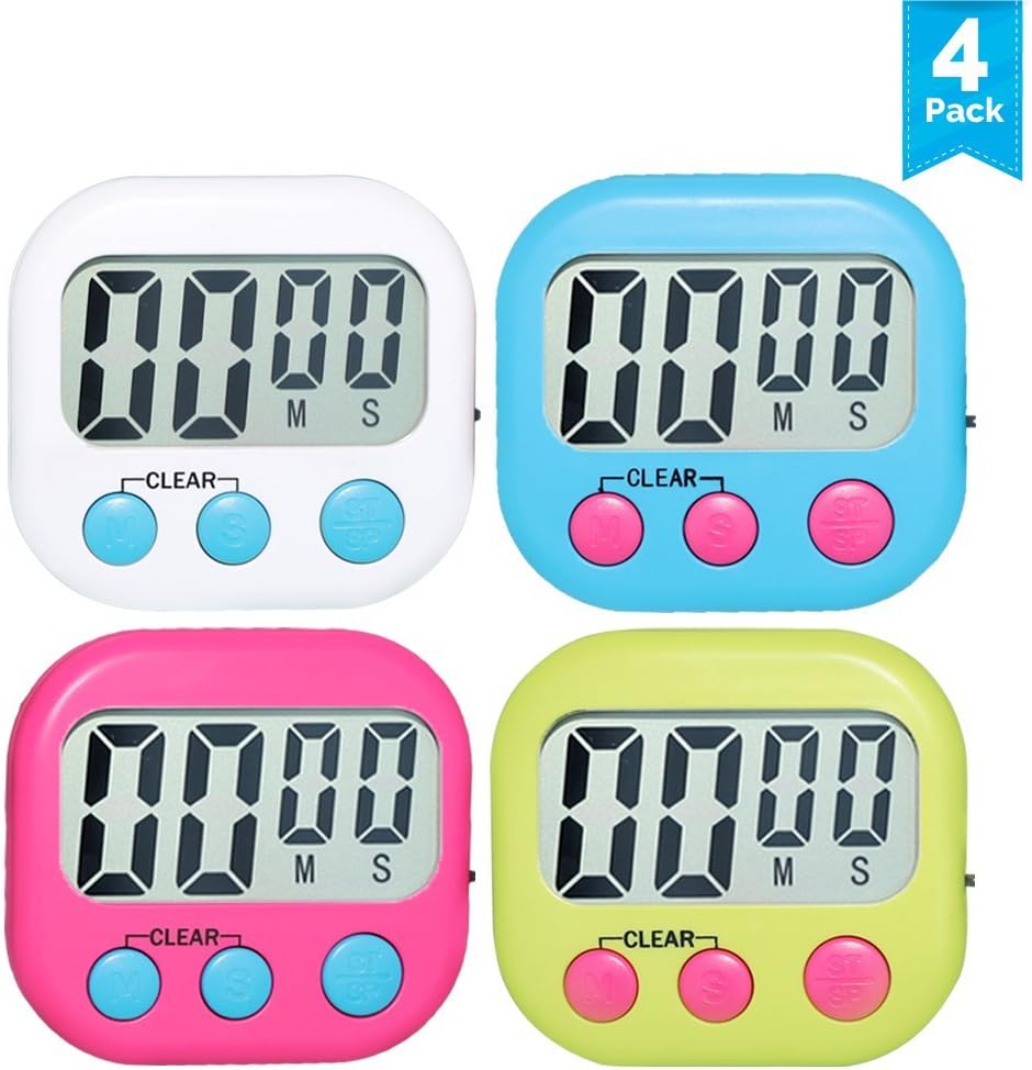 4 Pack Compact Digital Kitchen Timer – Magnetic Back, Retractable Stand & Hook, Large LCD Display, Stopwatch & Countdown, Loud Alarm – Best for Cooking, Baking, Sports, School (4 Colors)