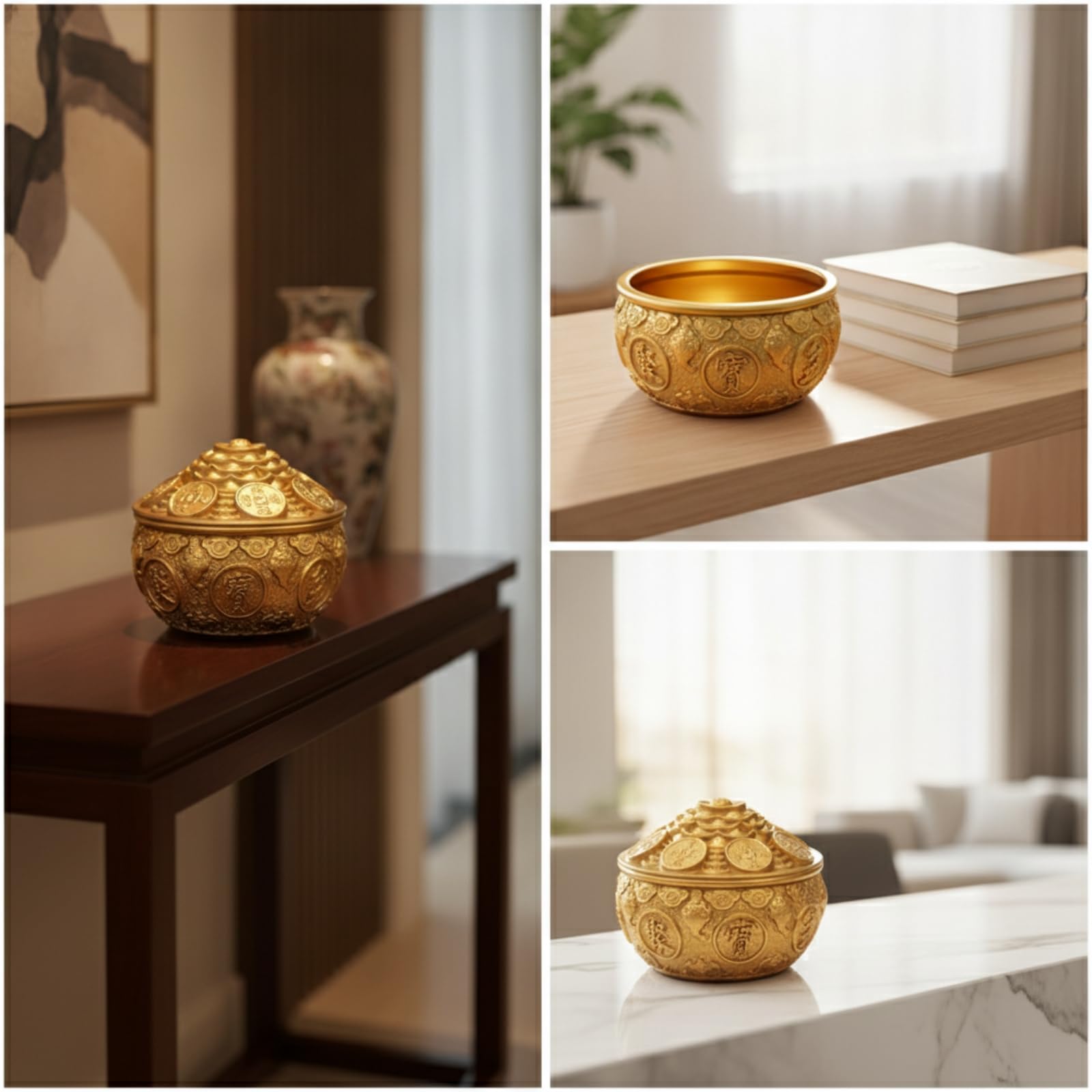 Ciotola del Tesoro Compatto Ciotola di Ottone Pesante Ornamento da Tavolo per Soggiorno, 4 Pollici, Vaso del Tesoro Jinchan con Coperchio Stile Anticato