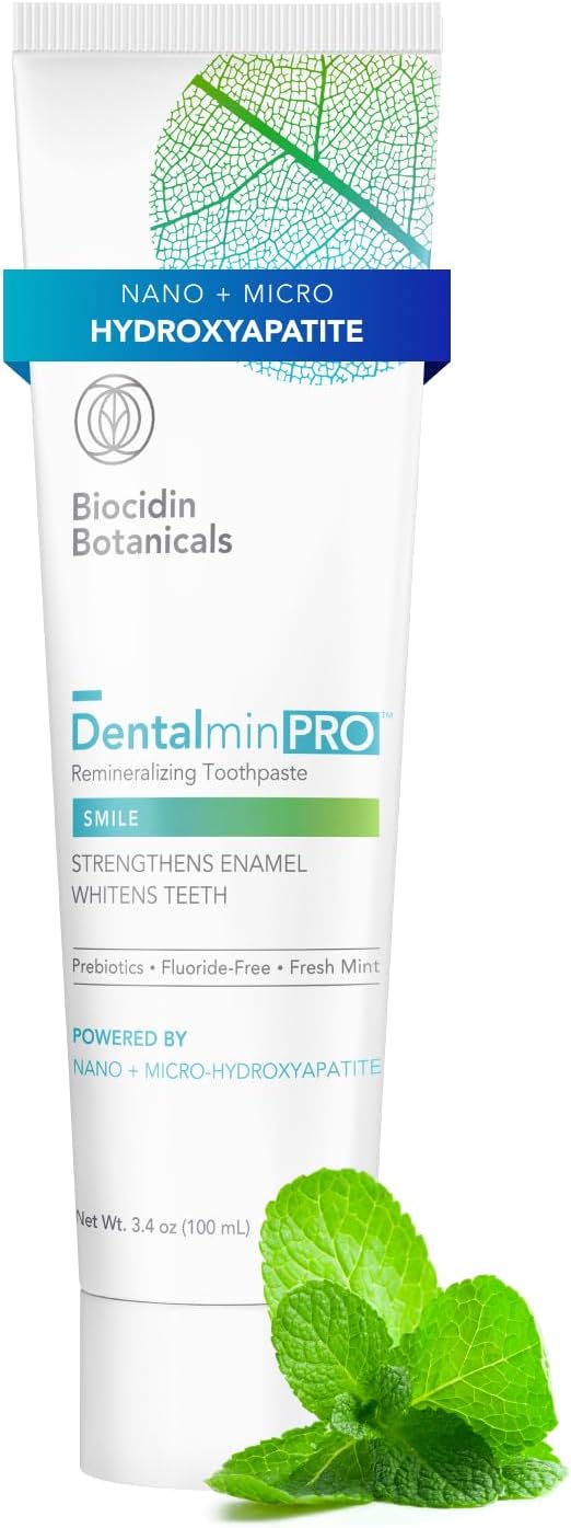 Biocidin Dentalmin Pro Hydroxyapatite Toothpaste - Mint Fluoride Free Toothpaste - Remineralizing & Whitening Toothpaste - Nano Hydroxyapatite for Sensitive Teeth - Enamel Support - SLS Free (3.4 oz)