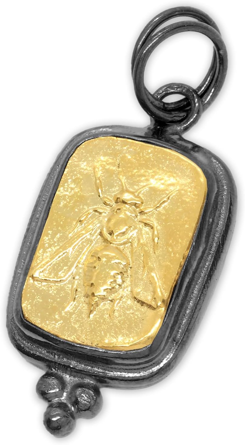 Caprixus 925 Sterling Silver Pendant Ancient Ephesus Honey Bee Coin 24K Yellow Gold Vermeil Handmade Granulated Designer Greek Art Artisan Turkish Fine Jewelry