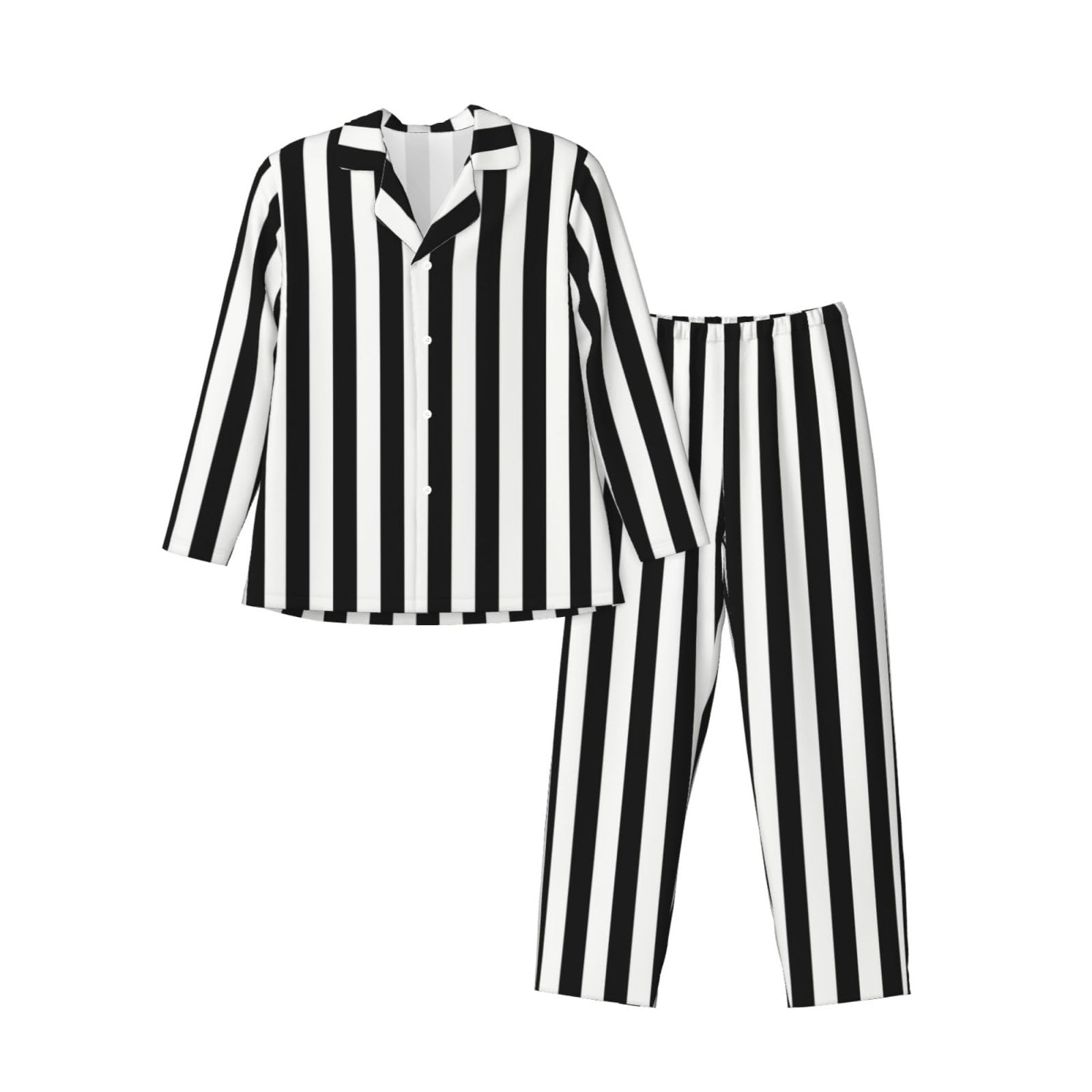 LimPac Black And-White Stripes Print Men'S Pajamas Sleepwear Set, Soft Long Sleeve Button Dow Loungewear With Pockets, Black, XXL