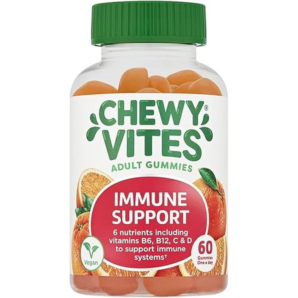 Chewy Vites Adult Immune Support, 60 Multivitamin Gummies, High Strength Vitamin D, Vitamin B6, B12, C, Zinc, Selenium, 2 Months Supply, Real Fruit Juice, Vegan, Orange Flavour