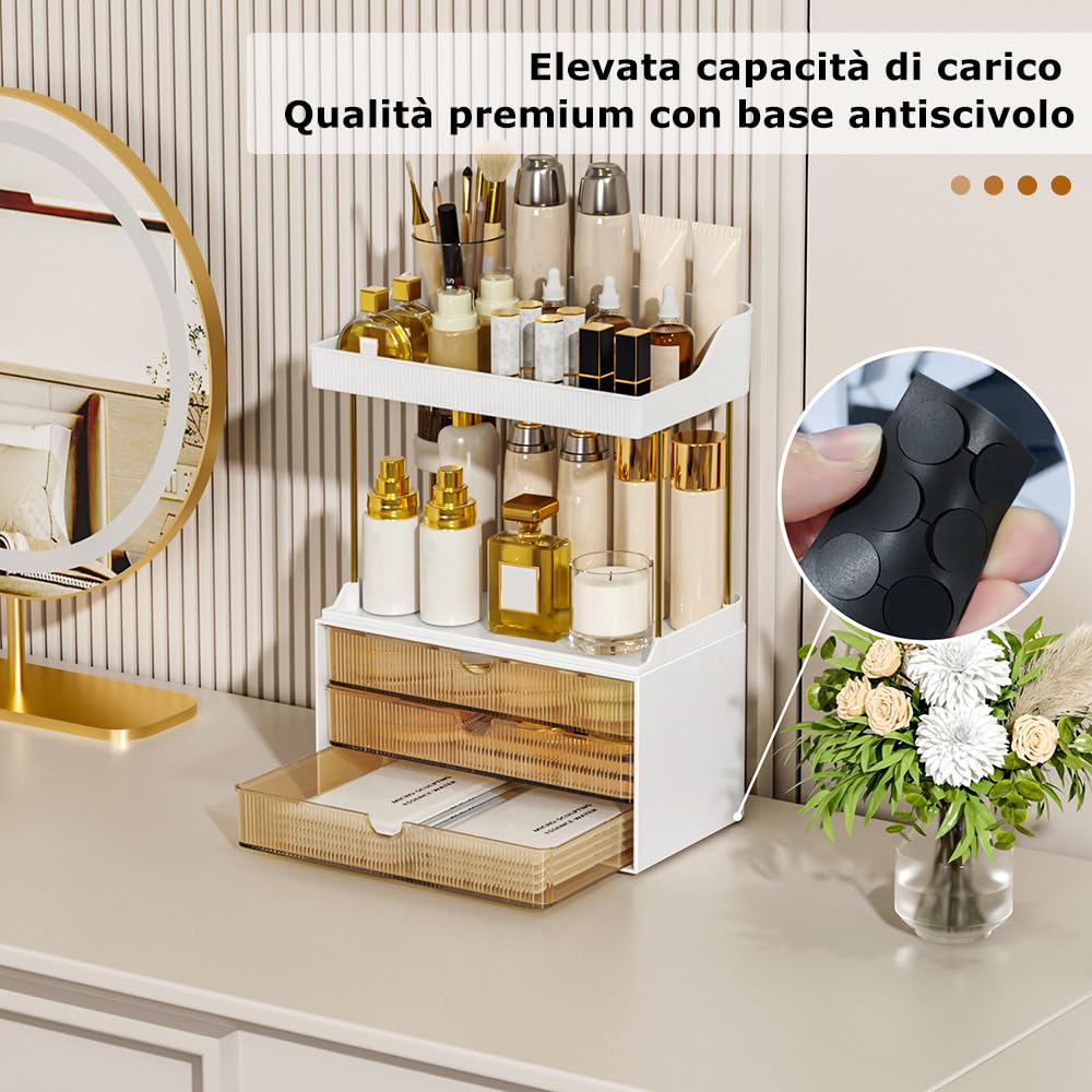 Organizer per trucchi – Upgrade 2 ripiani, 3 cassetti, grande organizer per cosmetici, organizzatore squisito, organizer da bagno, organizzatore da toeletta, ambra