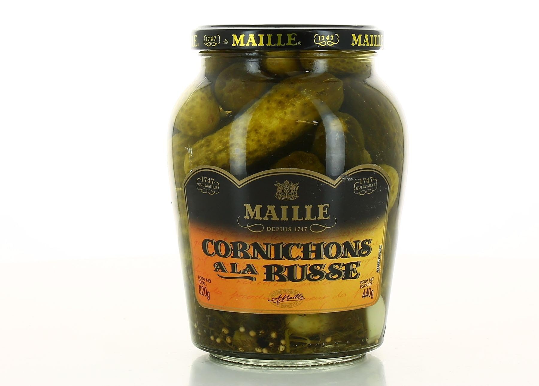 MAILLE Cornichons à la Russe - Pot en verre de 440g - Condiment slave aux notes acidulées, aneth et ail - Accompagne terrines et fromages - Lot de 3
