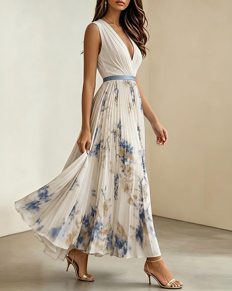 shownicer Vestito Donna Elegante Abito Cerimonia Vestito Lungo Stampa Floreale Senza Maniche Vestiti in Chiffon Estate