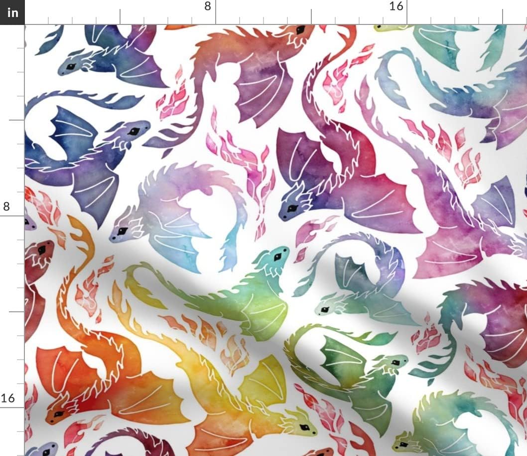 Spoonflower Fabric - Dragon Fire Rainbow Cute Fantasy Watercolor Fairy Tale Flying Printed on Petal Signature Cotton Fabric by The Yard - Sewing Quilting Apparel Crafts Decor