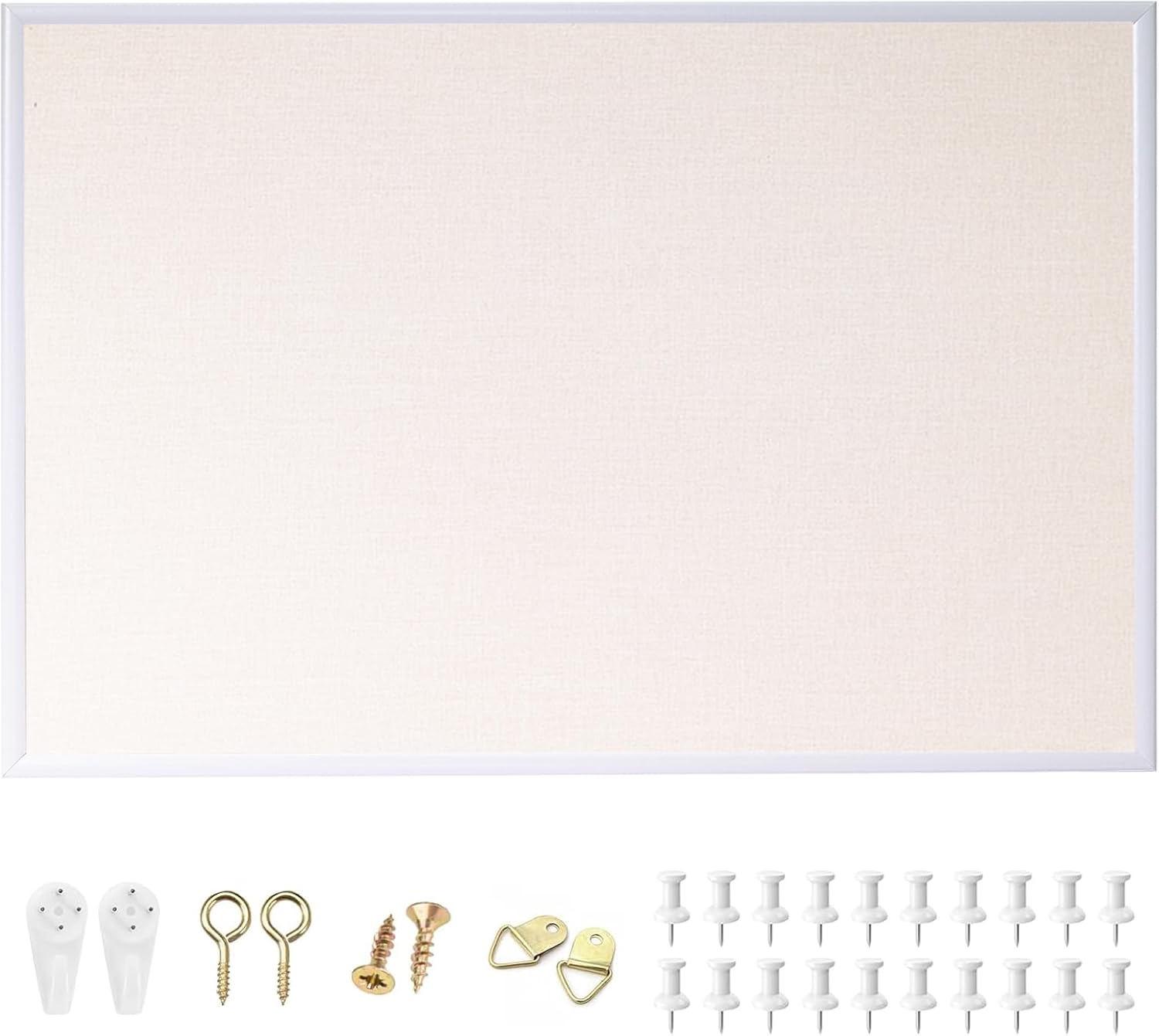 20x30 inch Large Linen Bulletin Board, Cork Board for Walls, White European Frame Style, Vision Board, Pin Wood, Ideal for Shool, Home and Office