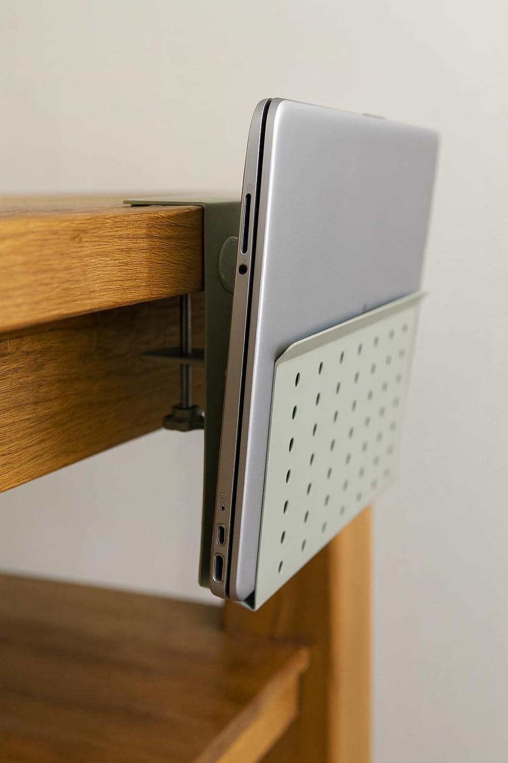 Desk Side Mount Laptop Holder (White) - No Drill Steel Hanging Organizer for Office & Home - Under Desk Storage