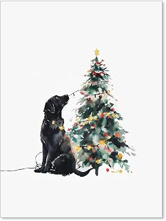 Heltrappe Christmas Tree Watercolor Wall Art Cute Black Labrador Posters Vintage Animal Dog Canvas Painting for Living Room Wall Decor 12x16 inch Unframed