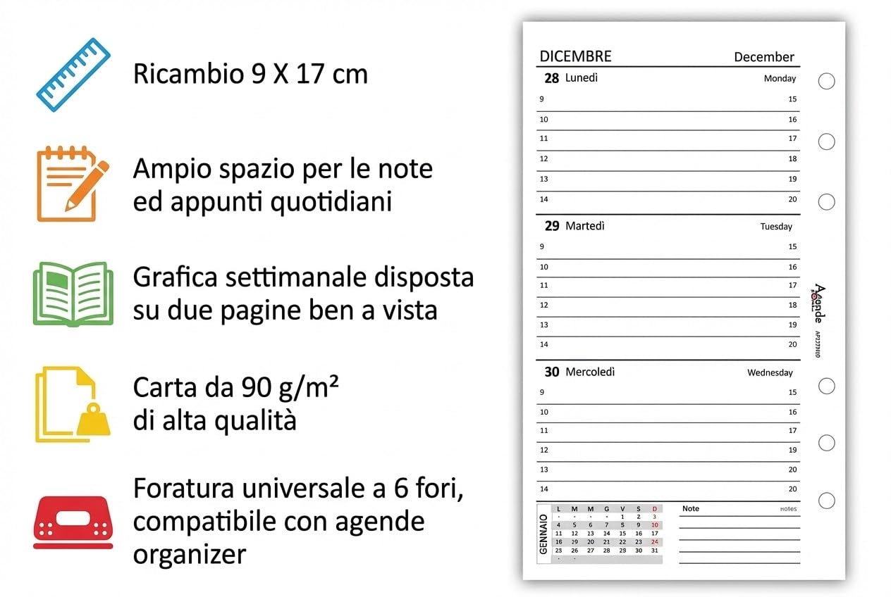 Agenda Organizer Settimanale 2027 Bilingue Bianco 9,5x17cm 90gr 2 Pagine per Settimana