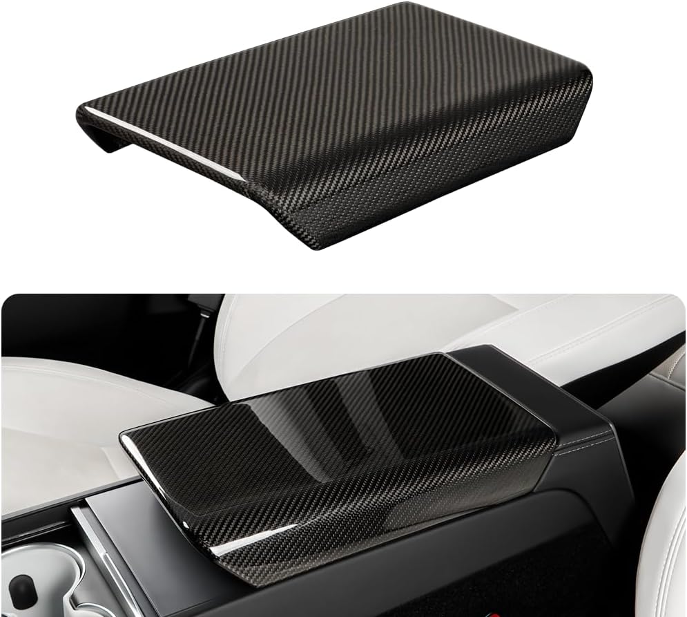 JSWAN Carbon Fiber Center Console Armrest Cover Fit for Tesla New Refreshed Model 3 Highland Performance (2024+) Model Y Juniper (2025+) Center Console Armrest Box Protector Mat (Bright Black)