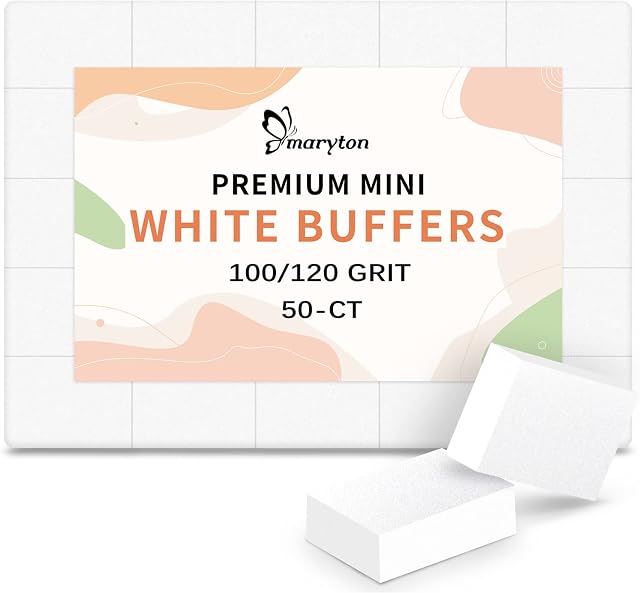 Maryton Mini Nail Buffer Blocks - 100/120 Grit Professional Salon Quality White Buffers for Nails - Buff Nails Prior to Application of Gel Polish, Acrylic, 50 Count