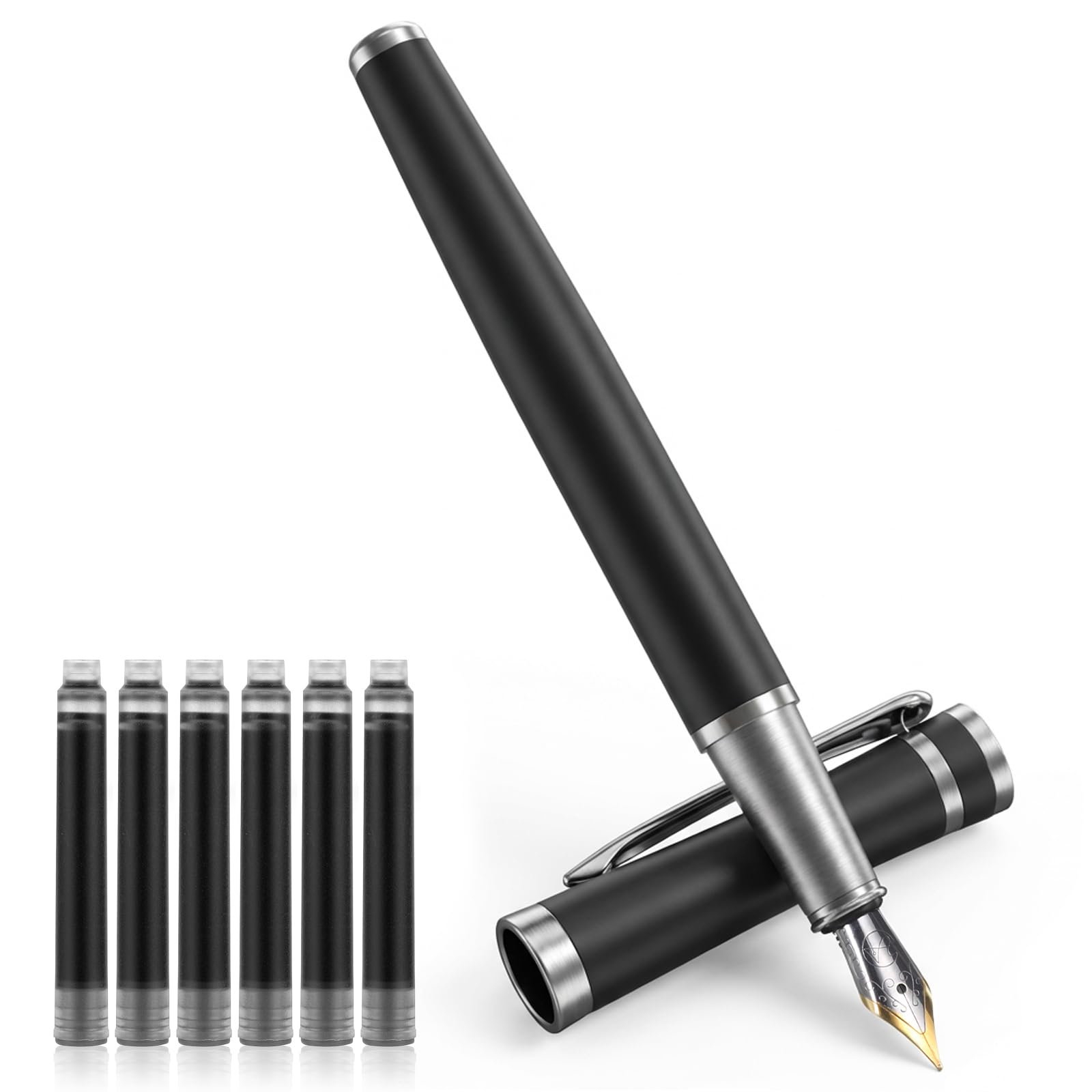 Molain Luxury Metal Fountain Pen Set, 0.5mm Fine Nib Fountain Pen with 6 Pcs Black 2.6mm Ink Cartridges Smooth Writing Pen Gift for Men Women Journaling Office Business