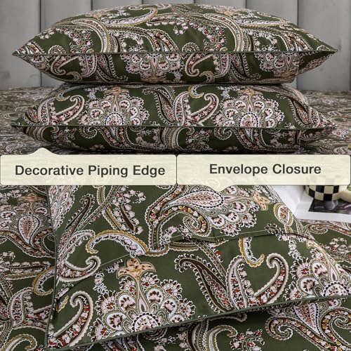 Image of Vintage Paisley Floral Green Percale Sheets, King Size 100% Cotton Extra Deep Pocket Boho Toile Bed Sheets, Soft Crisp Flower Patterned Farmhouse Sheet Set, Shabby Chic Luxury Bedding, 4Pcs