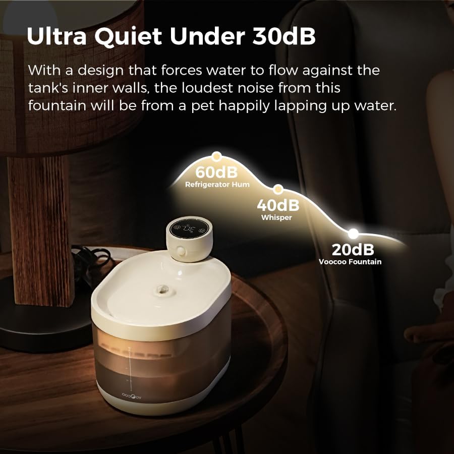 Miniatura 5 de VOOCOO Fuente de agua automática para gatos y perros de 2,2 L  Ultra silenciosa, flujo de 3 modos, pantalla de panel LED, triple filtración, sin