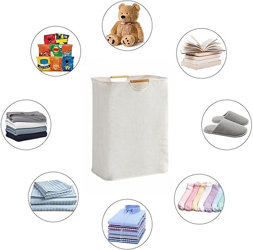 Miniatura 3 de Cesta de lavandería impermeable de 100 L, cesta de lavandería extragrande con mango de madera, cesta de almacenamiento de ropa plegable para