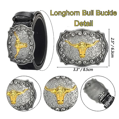 Western Cowboy Belt – Floral Engraved Bull Buckle Vintage Genuine Leather Unisex Jeans 25"-38"4