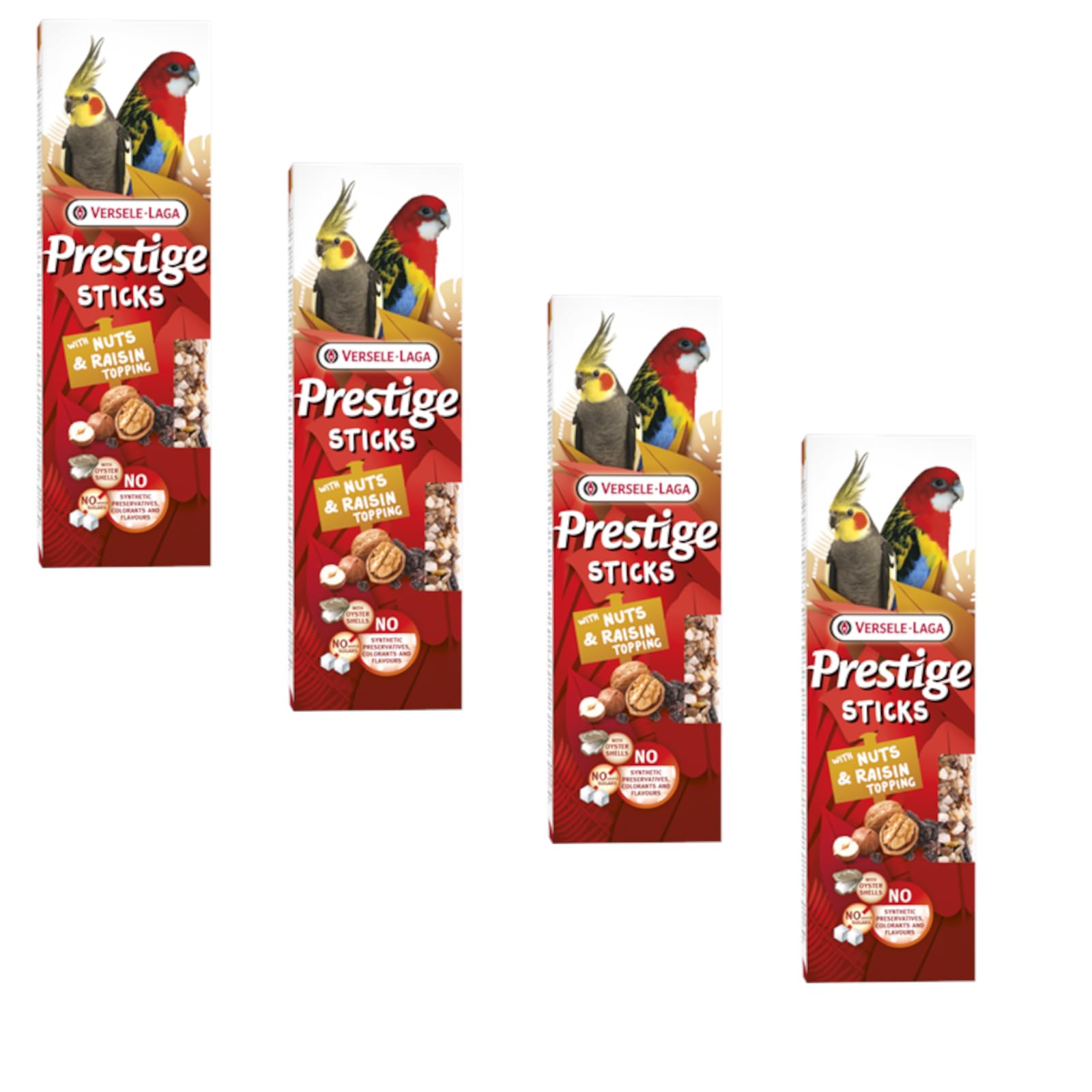 Versele-Laga Prestige Sticks Großsittiche mit Nüssen & Rosinentopping | 4er Pack | 4 x 140 g | Snack für Großsittiche | Ohne Zuckerzusatz und synthetische Konservierungsmittel