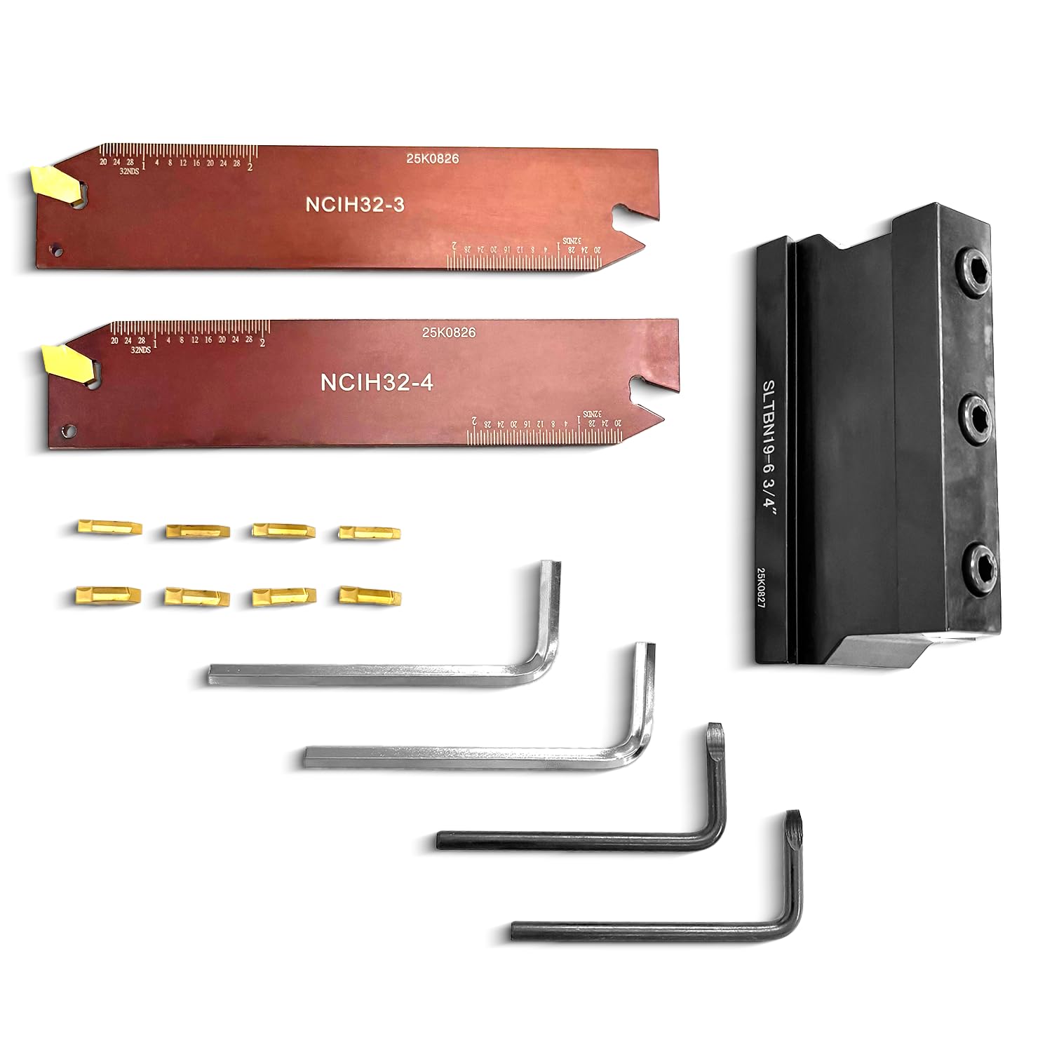 3/4" Self-Lock Block SLTBN19-6 with 5 PCS GTN-3 Inserts, 5 PCS GTN-4 Inserts, Adjustable Blade NCIH32-3 and Adjustable Blade NCIH32-4 Parting Grooving Cut-Off Tool Set