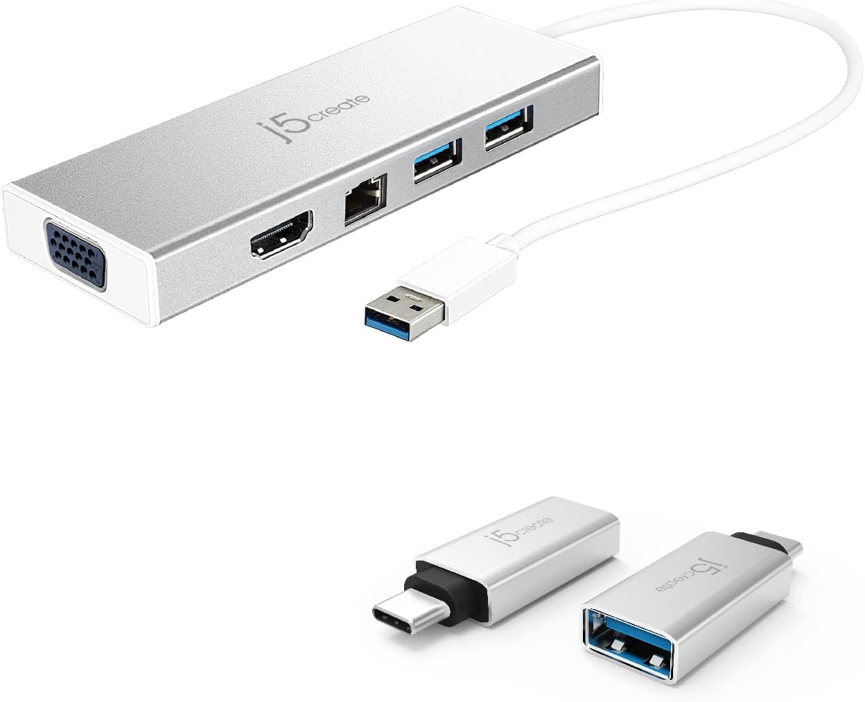 j5create USB A Hub with HDMI, VGA, Ethernet + USB C to USB Type-A Adapter (JUD380 + JUCX15X2)
