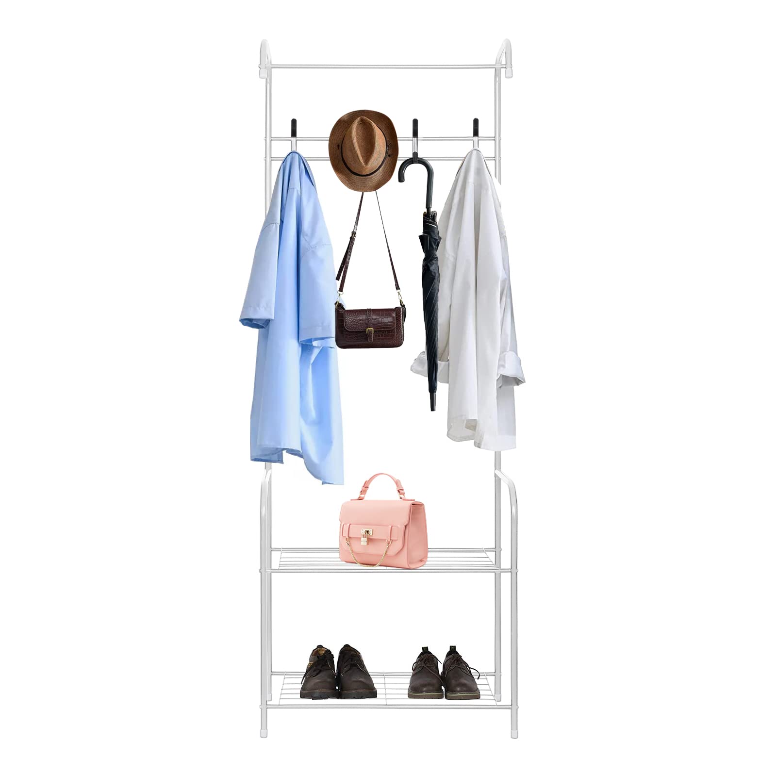 Holdfiturn Coat Stand Coat Rack with Shoe Storage Rack and Removable Hooks Free Standing Clothes Hat Rack Hall Tree with Shelf Clothing Rail for Bedroom Hallway Entrance (White)