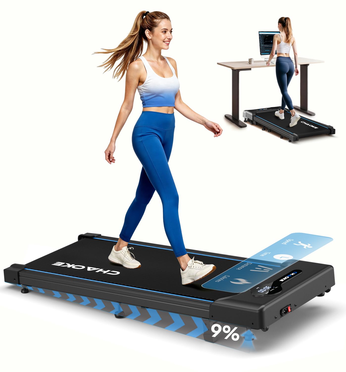 Cinta de Correr CHAOKE Walking Pad con inclinación del 9%, Cinta de Correr bajo Escritorio a 10 km/h, Motor silencioso de 2,75 CV, Capacidad máxima de 150 kg, con 12 programas HIIT y Control Remoto