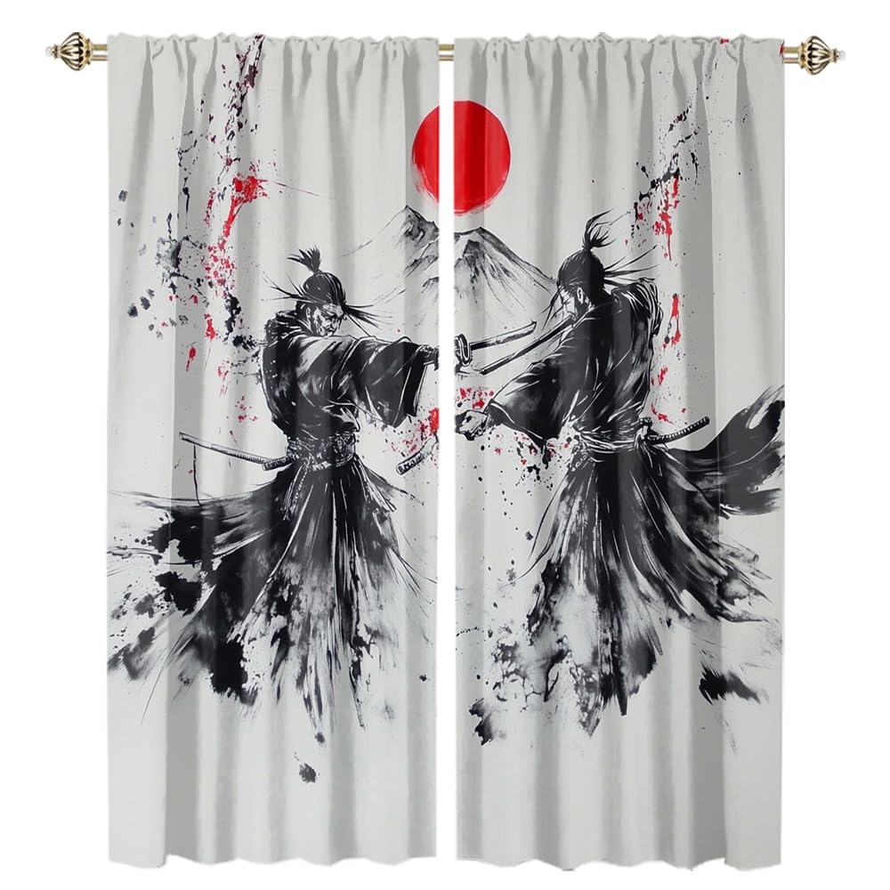 MSYKANIX Watercolor Japanese Samurai Rod Pocket Curtain for Bedroom,Rustic Abstract Ancient Japan Red Sun Mount Fuji Blackout Window Drapes 2 Panels,Each 70Wx160L cm