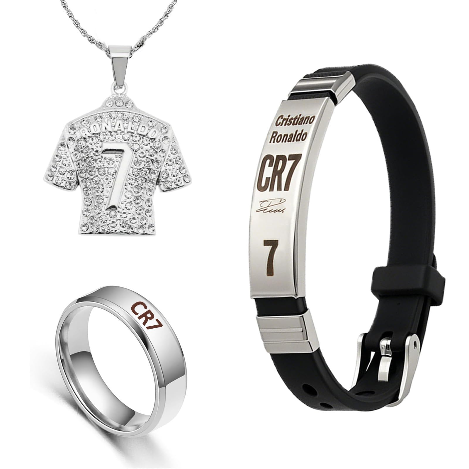 Scinzene Juego de accesorios de fútbol – Anillo CR 7, collar y pulsera para aficionados – Joyas deportivas para jugadores y colgantes