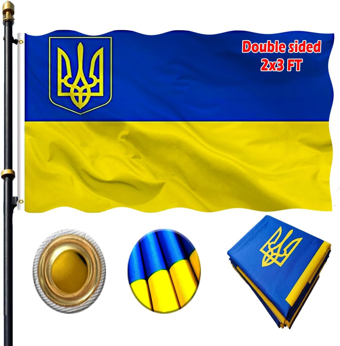 VOLTA Double Sided Ukraine Flag with Coat of Arms 3x5ft, Outdoor Heavy Duty 3-Ply Durable Polyester, Double Stitched, Canvas Header & Brass Grommets