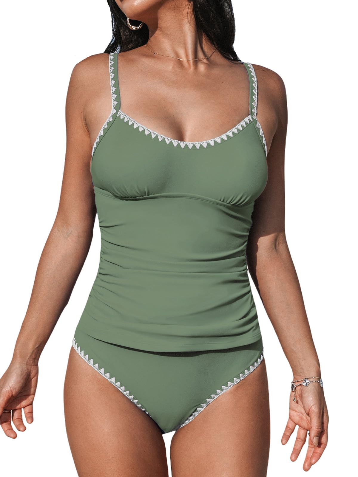 cupshe Women's Tankini Sets Two Piece Swimsuit Scoop Neck Tummy Control Adjustable Straps Shell Stitched-picture-14