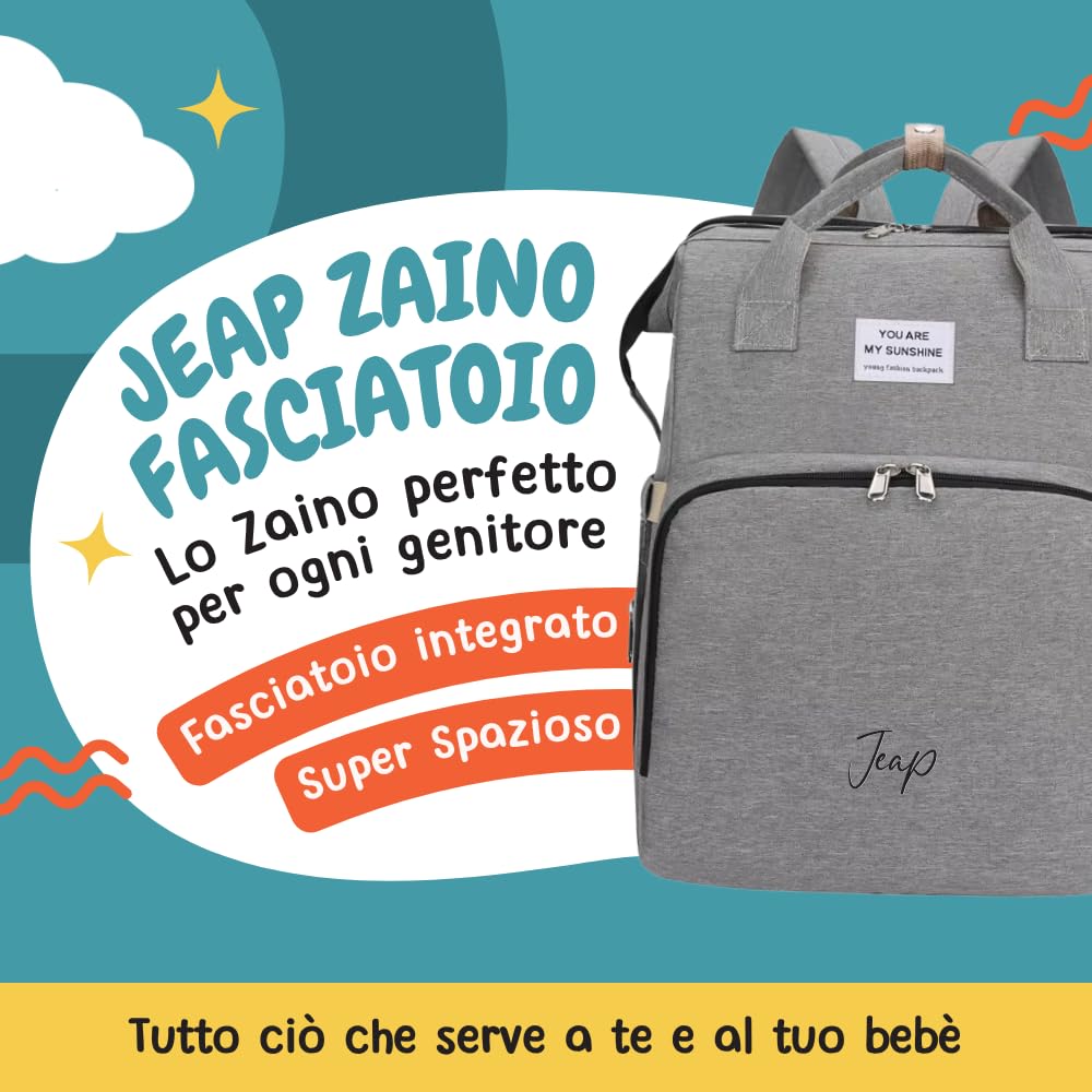 Jeap Sac à langer pour bébé | Sac bébé avec matelas à langer pour le changement de couches | avec poches thermiques et crochets poussette | Grand et en tissu imperméable | Sac à dos bébé pour maman et