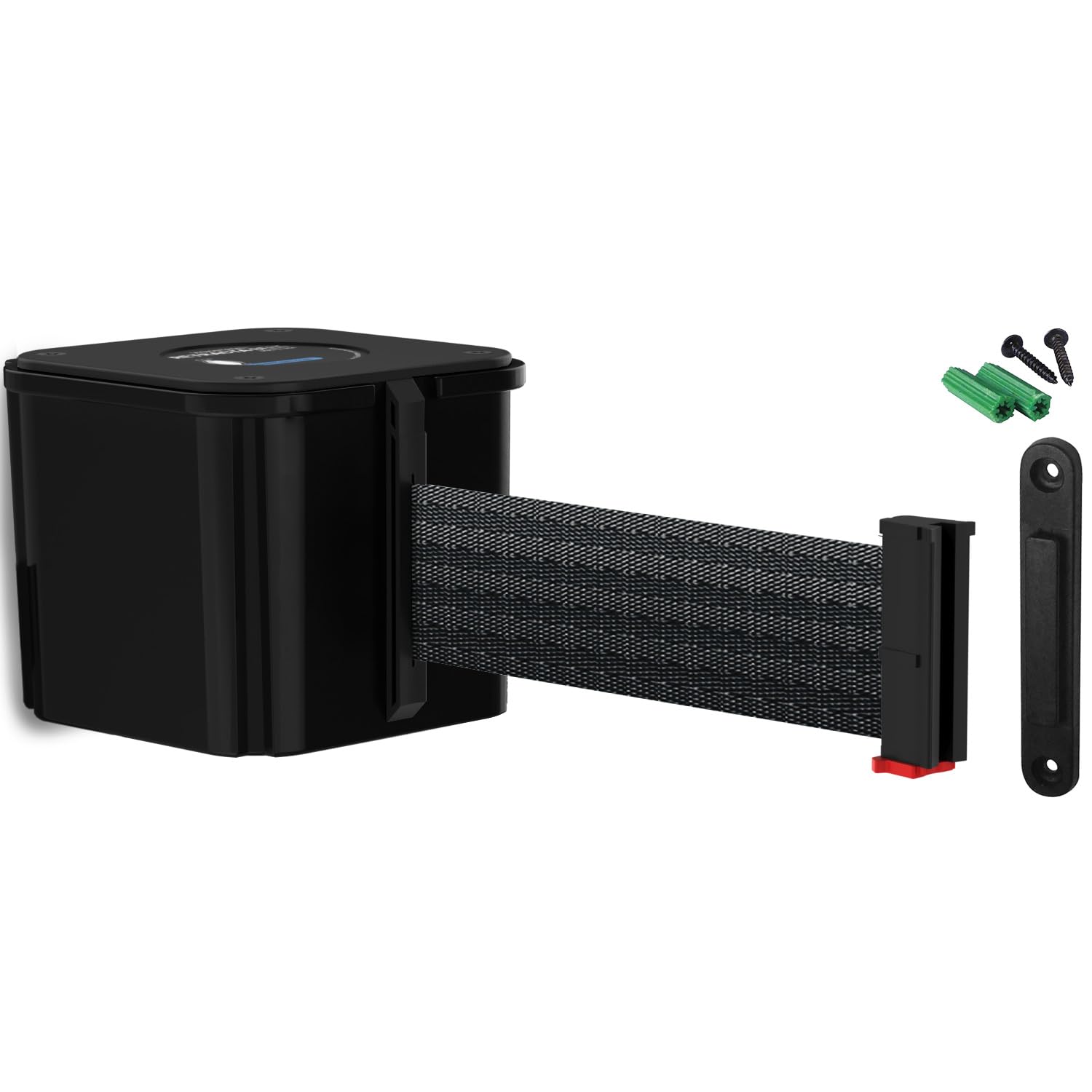 Visiontron WM412 Retractable Belt Wall Mounted Smooth Black Crowd Control Barrier and Receiving End, 15' Black Belt