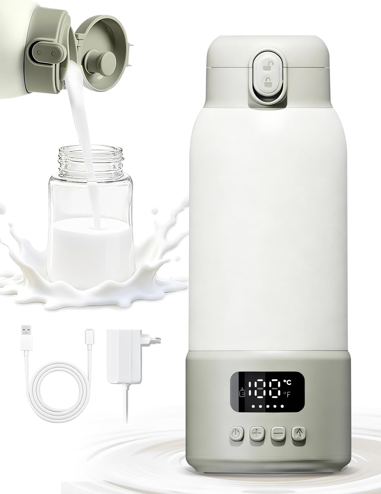 Scaldabiberon Portatile per Bambini da Viaggio, Scaldabiberon da 500 ml 35-70 °C Riscaldamento Rapido Latte Materno e Acqua, Controllo Preciso Della Temperatura per Viaggi, Auto e Attività All'aperto