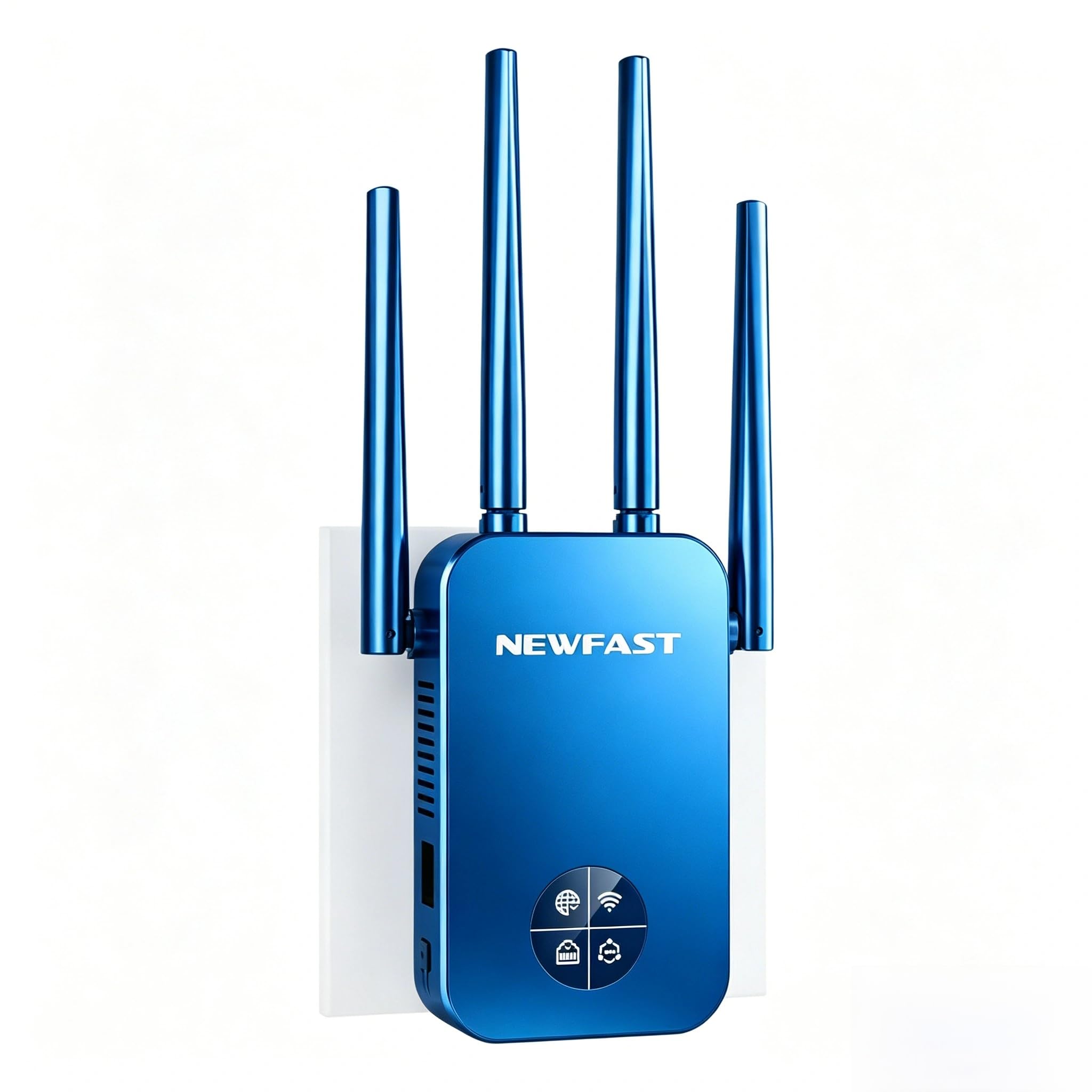 NEWFAST AC1200 Dual Band WiFi Extender with four adjustable antennas and an LCD screen