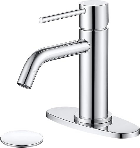 Miniatura 15 de Grifo de baño cromado de un solo agujero, grifo de agua de una sola manija para baño con ensamblaje de drenaje emergente y líneas de suministro