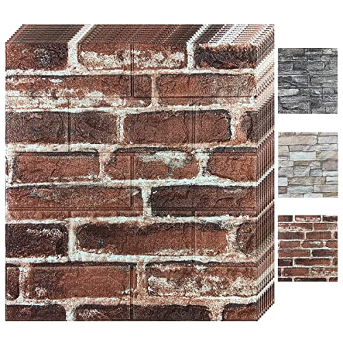 Bibykivn 3D-väggpaneler självhäftande, 10 stycken stenliknande tapeter 35 x 38 cm, vattentät väggtapet, tegelmönster tapet väggklistermärke, för vardagsrum, sovrum, kök, badrum (10 stycken, röd)