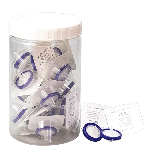 Filtro de jeringa estéril, filtración hidrofóbica PVDF de 0.45 um, tamaño de poro de 0.984in de diámetro de membrana, paquete de 20, empaquetado