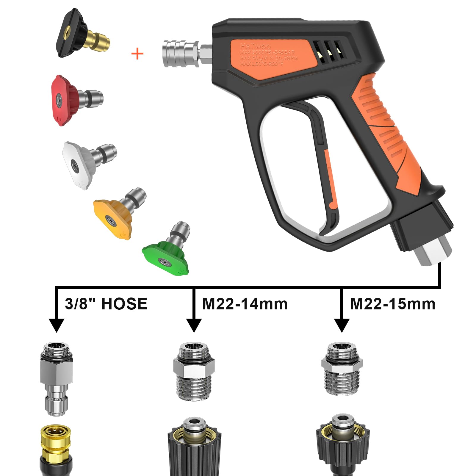 Pistola de lavado a presión, 5000 PSI/10.5 GPM con enchufe giratorio de 3/8 pulgadas y accesorios M22-14mm/15mm, 5 puntas de boquilla, adecuada para la mayoría de lavadoras a presión