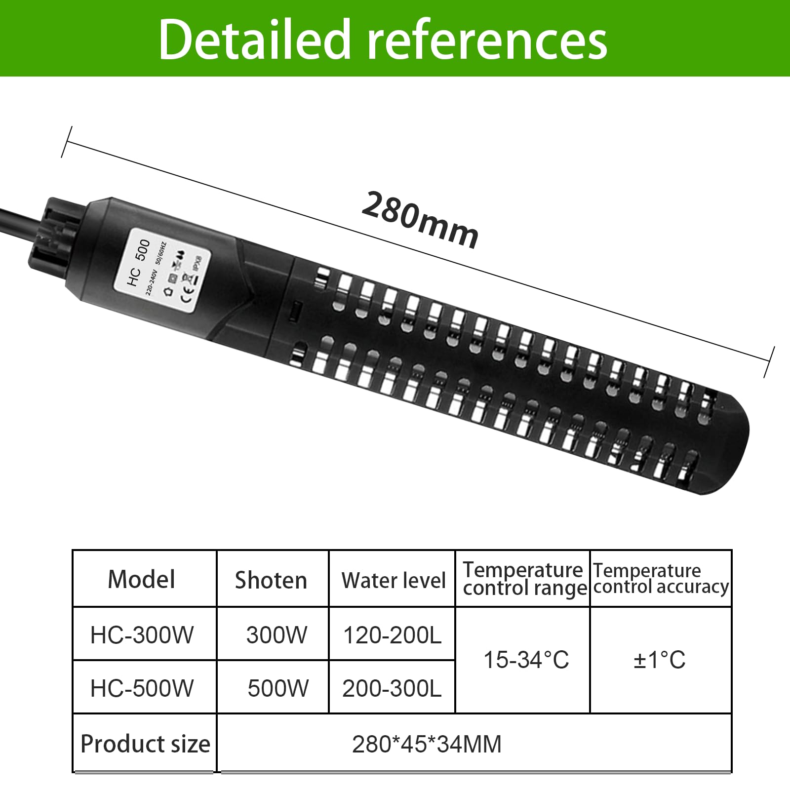 HUIZHOU Chauffage pour Aquarium (15-34 °C), thermoplongeur pour Aquariums et bassins à Poissons avec régulateur de température et Protection Contre la surchauffe (500W)