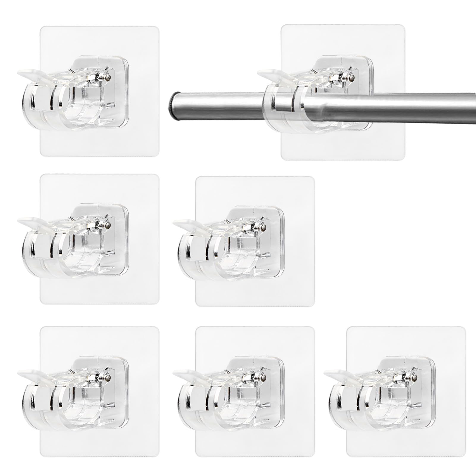 Veridius 6PCS Self Adhesive Curtain Hooks No Drill Rod Brackets Heavy Duty Adjustable Transparent Pole Fixing Rods Holders for Doors Windows Bathroom Kitchen Strong Glue Wall Hooks for Towels Drapes