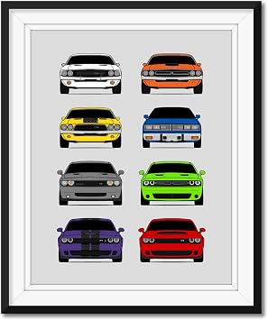 Custom Car Posters Handmade Poster compatible with Dodge Challenger Generations and Print of Challenger SRT - Multi, 8x10 Metallic Print Unframed - Gift for Car Enthusiast