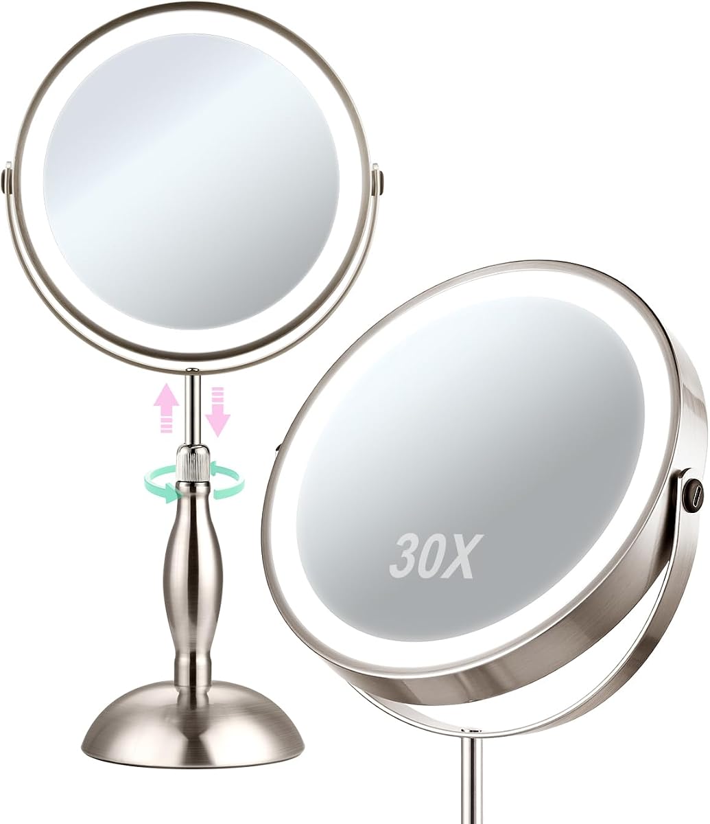 30X Magnifying Mirror with Lights, 8" Height Adjustable Makeup Mirror | Rechargeable 5000mAh, 30x Double Sided, 3 Color Lights + Dimmable, Nickel – Modern Magnifying Mirror for Bathroom Desk