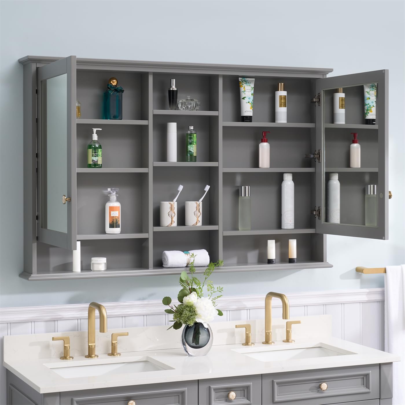 WELLFOR medicine cabinet with doors open, showing internal storage