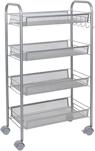 Miniatura 5 de Carrito con ruedas de 4 niveles multifuncional, carrito de almacenamiento de malla, estante de escalera de panal de abeja, estante extraíble para