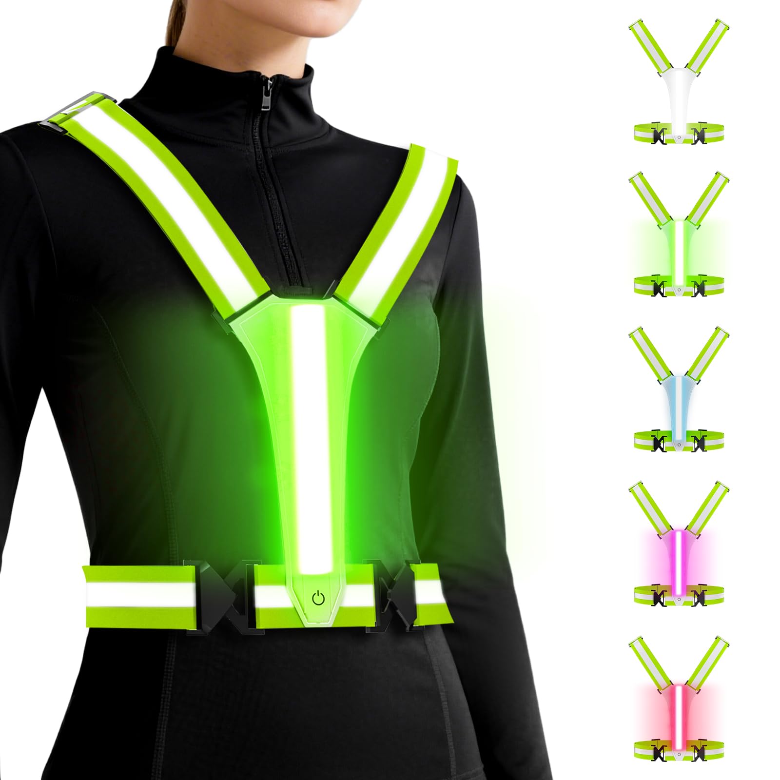 Chaleco reflectante LED para correr, 5 colores de luces, 3 modos, ajustable para correr, ciclismo, caminar, chaleco LED para correr para hombres, mujeres y niños (verde)