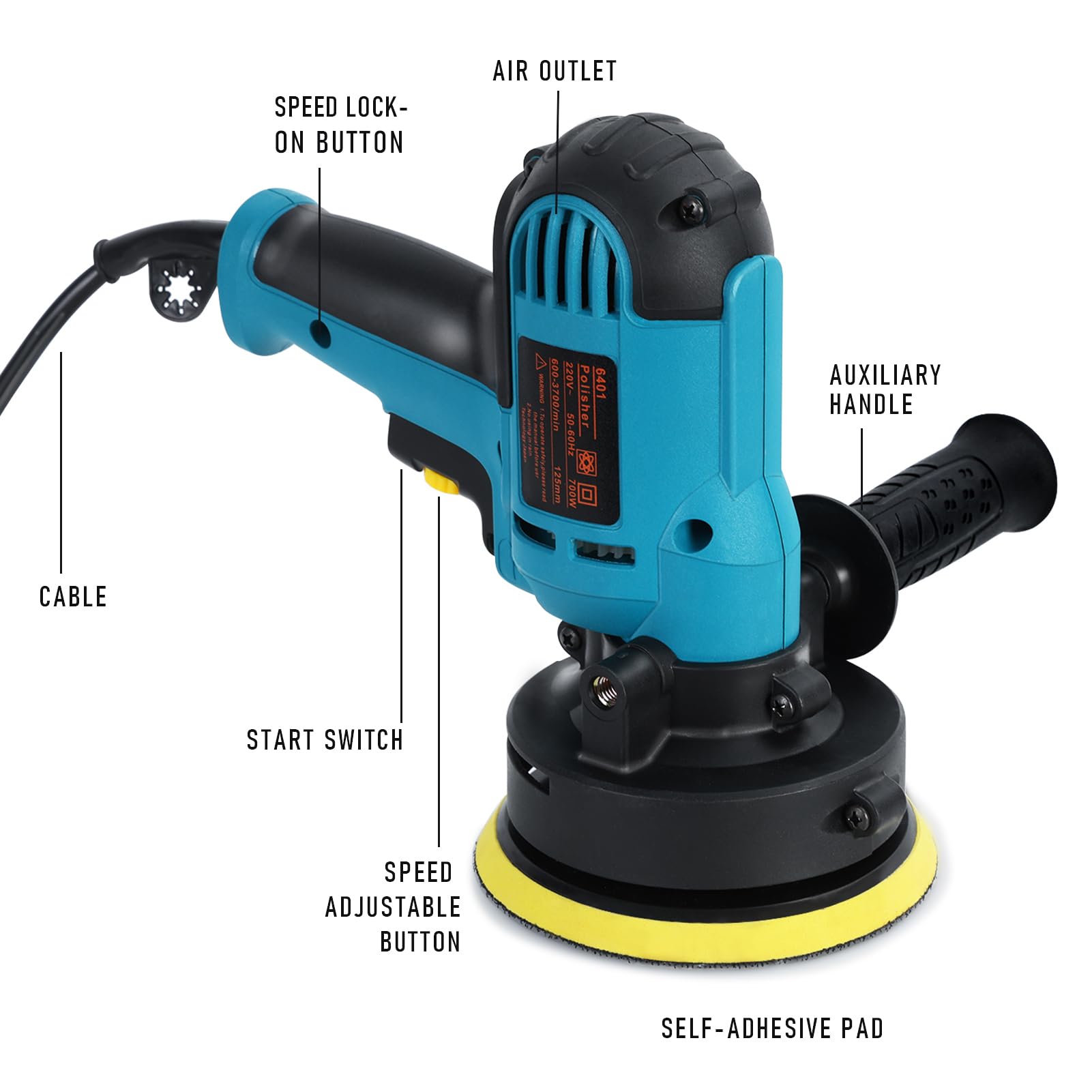 Pulidora de coche 700 W, 600 – 3700 RPM, 6 velocidades variables, máquina de pulido rotativa con cable, para pulir, encerar, limpieza de coche