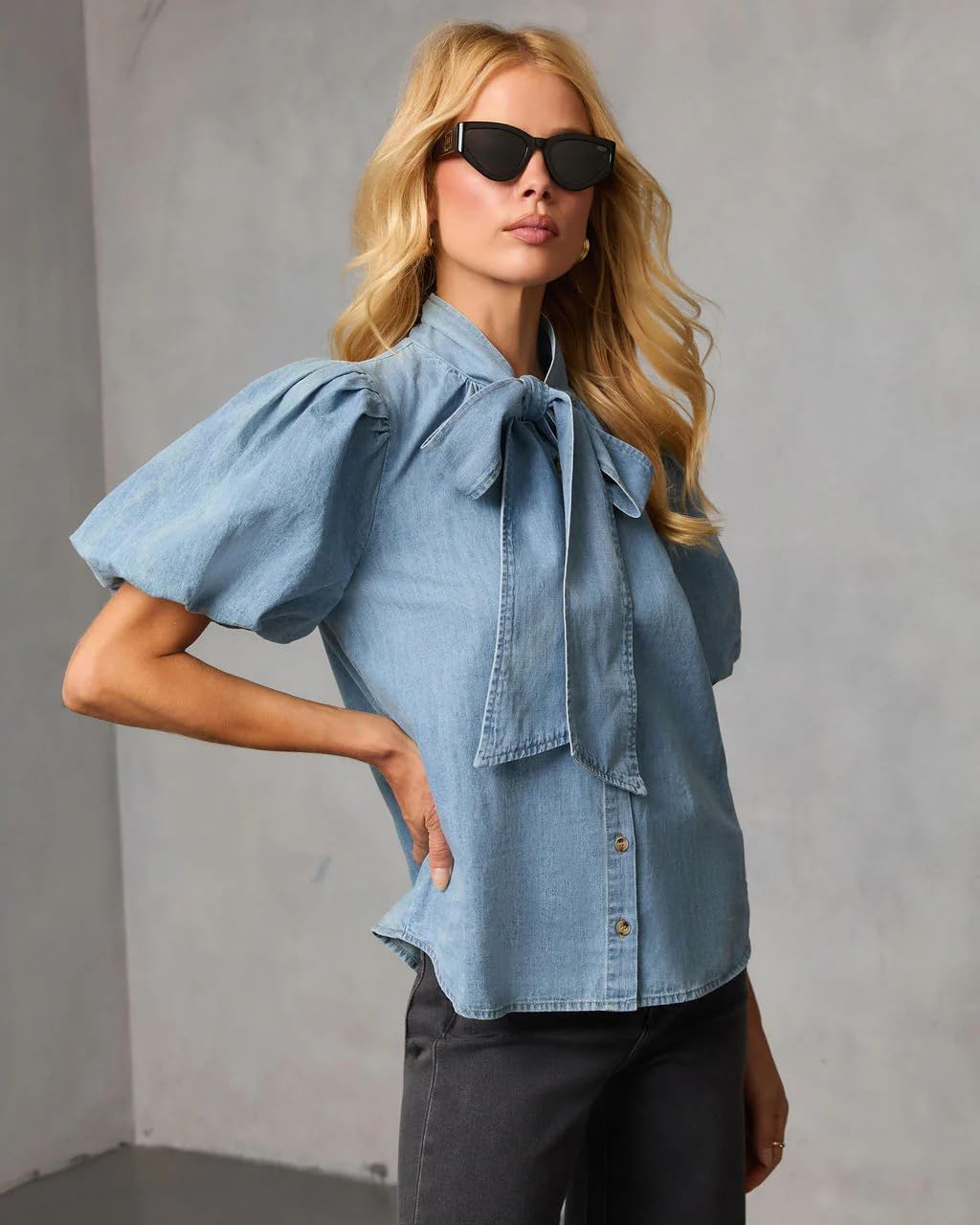 utcoco Denim Shirt Women Button Down Jean Shirt Puff Sleeve Blouse Y2k Tie Neck Denim Top