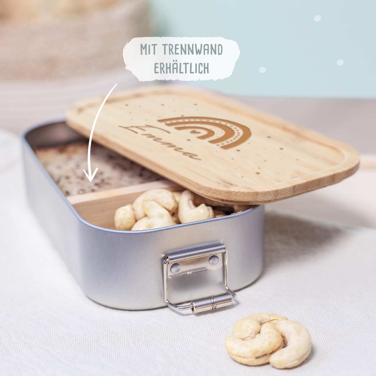 hellomini Lunchbox & Trinkflasche Bambus personalisiert | Geschenk zur Einschulung für Kinder | Isolierflasche Edelstahl & Brotdose mit Namen (Regenbogen)