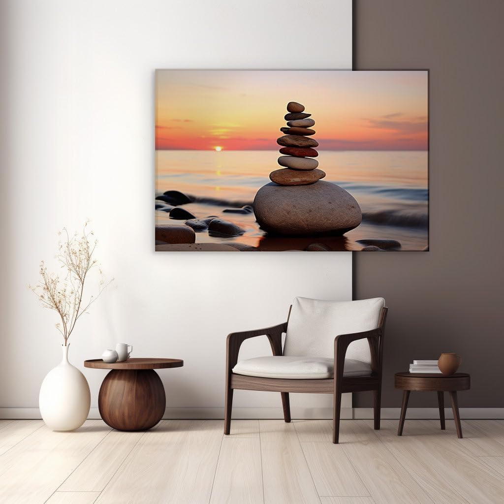 Canvas for Living room. Stacked Stones at Sunset � A Portrait of Calm on the Colorful Horizon, 27 x 18 inch Canvas Wall Art - Contemporary Masterpieces - Modern Home Decor - 100x66 cm (39x26 inch)